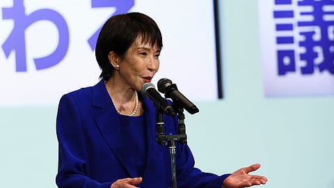 Newly-elected leader of Japan's Liberal Democratic Party (LDP) Sanae Takaichi delivers a speech after winning the LDP leadership election in Tokyo on October 4, 2025.