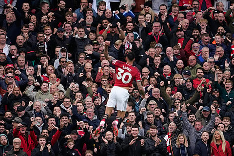 Manchester United's Benjamin Sesko celebrates scoring his side's second goal during the English Premier League match against Sunderland at Old Trafford stadium in Manchester (Photo | AP)