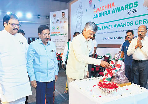 Chief Minister N Chandrababu Naidu during the Swachhandhra Awards presentation programme at Tummalapalli Kalakshetram in Vijayawada on Monday