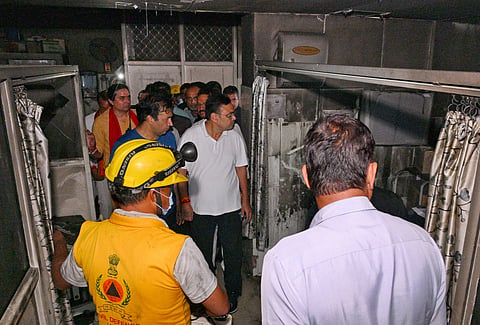 Rajasthan CM Bhajanlal Sharma visits the trauma centre of the state-run Sawai Man Singh (SMS) Hospital, where a fire broke out late Sunday night, in Jaipur, Monday, Oct. 6, 2025. Six patients died in the incident.