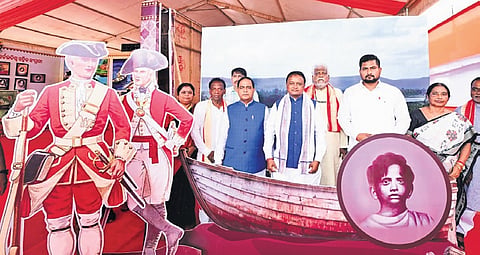 CM Majhi at the exhibition on Shaheed Baji Rout’s life in Nilakanthapur village.