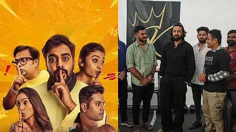 A poster for Yaarigu Helbedi (L) and Kichcha Sudeep with the crew of the film (R)