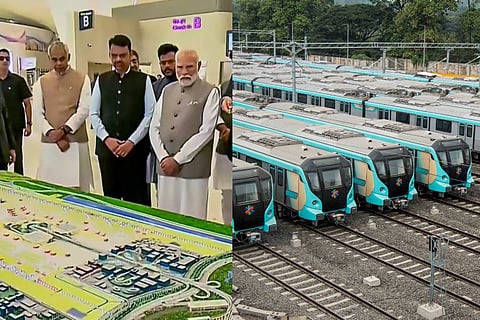 (L) Prime Minister Narendra Modi during the inauguration of Phase 1 of the Navi Mumbai International Airport, A view of metro trains ahead of the inauguration of the Phase 2B of Mumbai Metro Line-3 by the Prime Minister