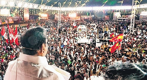 TVK flags seen fluttering during AIADMK general secretary Edappadi K Palaniswami’s rally in Namakkal on Thursday