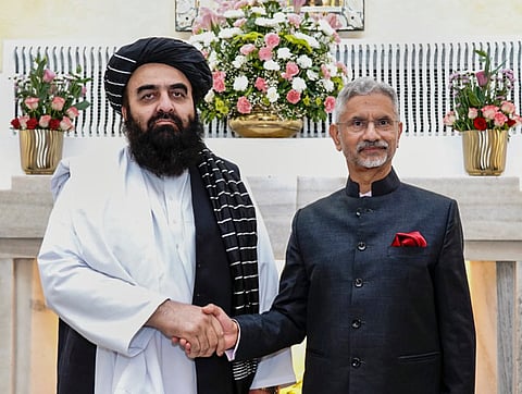 External Affairs Minister S Jaishankar during a meeting with his Afghani counterpart Amir Khan Muttaqi in New Delhi. (Photo | PTI)