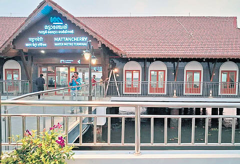A view of the Mattancherry terminal where last-minute work is progressing ahead
of the inauguration on Saturday