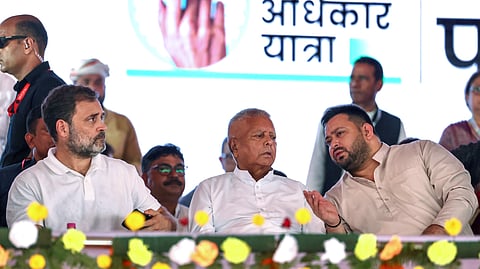 Lok Sabha LoP and Congress leader Rahul Gandhi is seen with RJD Chief Lalu Prasad Yadav and Leader of the Opposition in Bihar Assembly Tejashwi Yadav during the Voter Adhikar Rally in Sasaram.