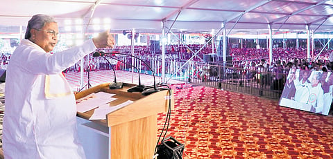 Chief Minister Siddaramaiah addresses a religious harmony event at
Rabkavi Banhatti taluk in Bagalkot district on Monday