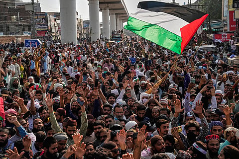Supporters of Islamist party 'Tehreek-e-Labbaik Pakistan' take part in a rally to show their solidarity with Palestinian people, in Lahore, Pakistan, Friday, Oct. 10, 2025.