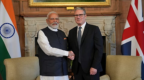 In this image released by PMO on July 24, 2025, Prime Minister Narendra Modi with his British counterpart Keir Starmer during a meeting at Chequers Estate, in UK.