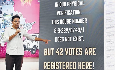 Ahead of the Jubilee Hills byelection, BRS working president KT Rama Rao
gives a presentation on alleged electoral fraud in the constituency on Tuesday