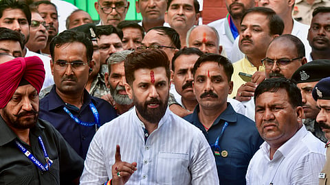 Union Minister and Lok Janshakti Party (Ram Vilas) Chief Chirag Paswan speaks to the media as he meets the family members of Haryana IPS officer Y. Puran Kumar, in Chandigarh, Tuesday, Oct. 14, 2025.