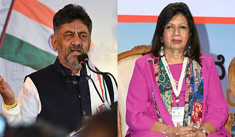 Karnataka DyCM DK Shivakumar (L), Kiran Mazumdar-Shaw.
