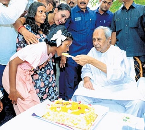 LoP Naveen Patnaik celebrating his 79th birthday with children of SOS village in Bhubaneswar on Thursday