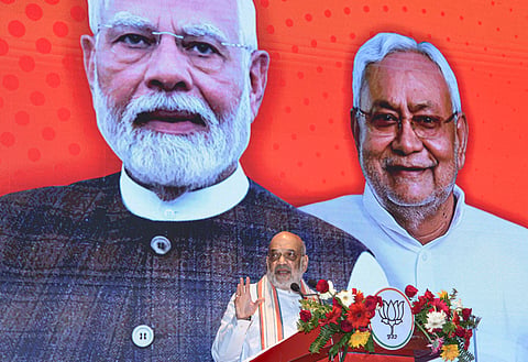 Union Home Minister Amit Shah addresses an event ahead of the Bihar Assembly elections, in Patna, Friday, Oct. 17, 2025.