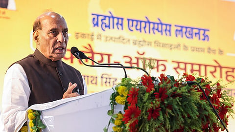Defence Minister Rajnath Singh speaks during the flagging off ceremony of the first batch of BrahMos missiles manufactured at the BrahMos Aerospace unit, in Lucknow, Uttar Pradesh.