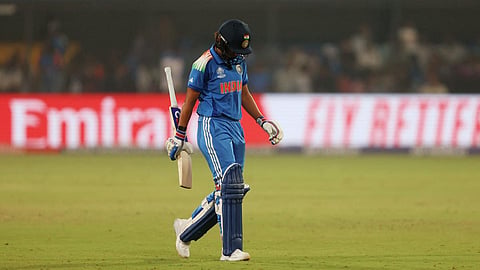 India’s Harmanpreet Kaur walks after losing her wicket.