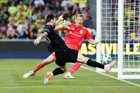 Lionel Messi of Inter Miami CF attempts a shot on target during the MLS match between Nashville SC and Inter Miami CF at GEODIS Park on October 18, 2025 in Nashville, Tennessee.