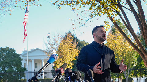 Ukraine's President Volodymyr Zelenskyy speaks to reporters in Lafayette Park across the street from the White House, following a meeting with US President Donald Trump, Friday, Oct. 17, 2025, in Washington.
