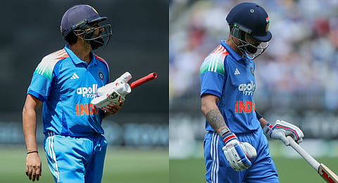 Rohit Sharma (L) and Virat Kohli (R) walking off after being dismissed during the one-day international cricket match between Australia and India in Perth, Australia, Sunday, Oct. 19, 2025.