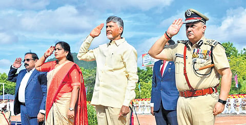 Chief Minister Nara Chandrababu Naidu, DGP Harish Kumar Gupta, Home Minister Vangalapudi Anitha and Chief Secretary K Vijayanand take part in the Police Commemoration Day event at APSP 6th Battalion in Mangalagiri on Tuesday