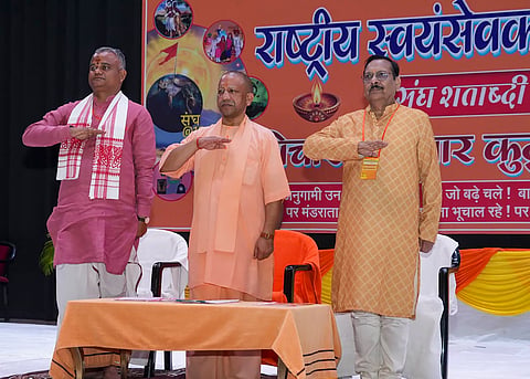 Uttar Pradesh Chief Minister Yogi Adityanath during 'Vichar-Parivaar Kutumb Sneh Milan program', in Gorakhpur, Uttar Pradesh, Tuesday, Oct. 21, 2025.