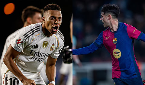 Real Madrid's Kylian Mbappe (L) and Barcelona's Pedri González