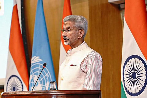 External Affairs Minister S. Jaishankar speaks during the release of a commemorative postage stamp to mark 80 years of the United Nations, in New Delhi.