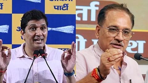 AAP Delhi State chief Saurabh Bharadwaj (L), Delhi BJP president Virendra Sachdeva (R)
