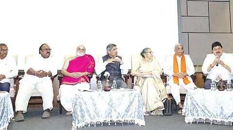 BJP state president
N Ramchander Rao and others at a meeting organised to discuss security measures to be taken at
Parakamani in Tirumala.