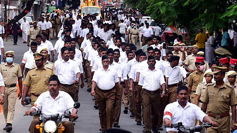 A file photo of members of Rashtriya Swayamsevak Sangh (RSS) marching in their uniform.
