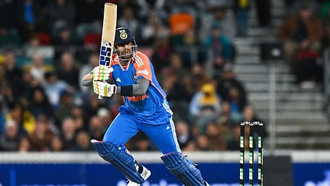Suryakumar Yadav of India bats during the T20 cricket international between India and Australia in Canberra, Australia, Wednesday, Oct. 29, 2025.