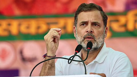 In this image received on Oct. 29, 2025, LoP in the Lok Sabha and Congress leader Rahul Gandhi addresses a public meeting ahead of the Bihar Assembly elections, in Muzaffarpur, Bihar.