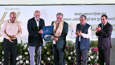 Chairman of the Board of Directors of IIT Ropar and IIT Goa Adil Siraj Zainulbhai felicitates Chief Election Commissioner Gyanesh Kumar during the 66th Foundation Day of the Indian Institute of Technology at IIT Kanpur, in Kanpur on Sunday.