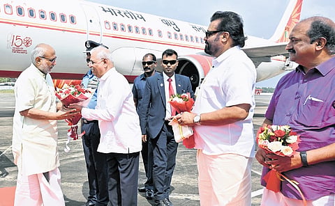 Governor Rajendra Vishwanath Arlekar receiving Vice-President of India
C P Radhakrishnan at Thiruvananthapuram airport on Monday. Union Minister of
State Suresh Gopi, Finance Minister K N Balagopal are also seen