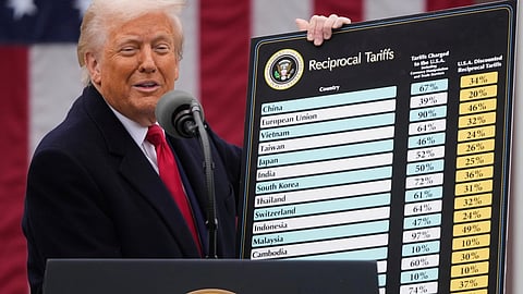 FILE - President Donald Trump speaks during an event to announce new tariffs, April 2, 2025, in the Rose Garden at the White House in Washington.
