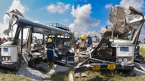 Fire department personnel at the site after a tipper lorry carrying gravel collided head-on with a public transport bus, in Rangareddy district, Telangana, Monday, Nov. 3, 2025.