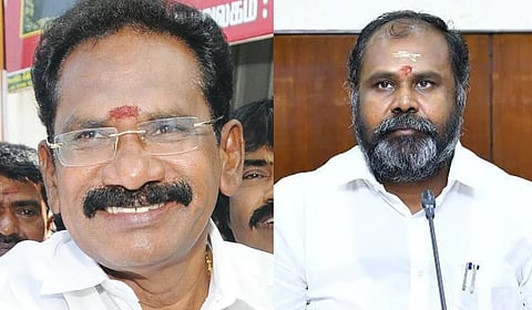 Former AIADMK ministers Sellur K Raju (L) and R B Udhayakumar.