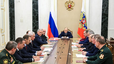 Russian President Vladimir Putin chairs a meeting with members of the Security Council in Moscow, Russia, Wednesday, Nov. 5, 2025.