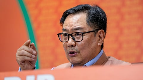 Union Minister of Parliamentary Affairs Kiren Rijiju addresses a press conference at the BJP headquarters, in New Delhi, Wednesday, Nov. 5, 2025.