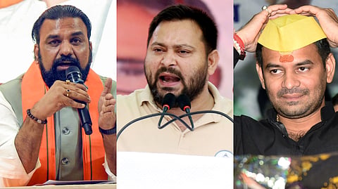 (From left to right) BJP leader and Bihar Deputy CM Samrat Choudhary; RJD leader and Opposition CM candidate Tejashwi Yadav; JJD leader and Lalu Prasad's estranged son Tej Pratap Yadav.