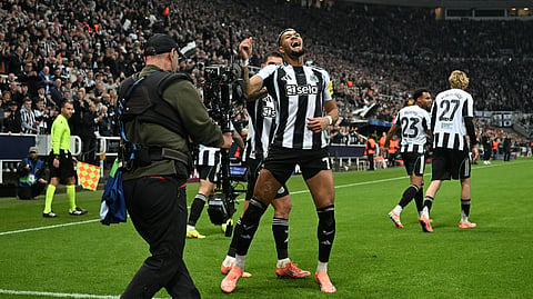 Newcastle United's Joelinton celebrates scoring his team's second goal during the UEFA Champion's League league-stage football match between Newcastle United and Athletic Bilbao at St James' Park on November 5, 2025.