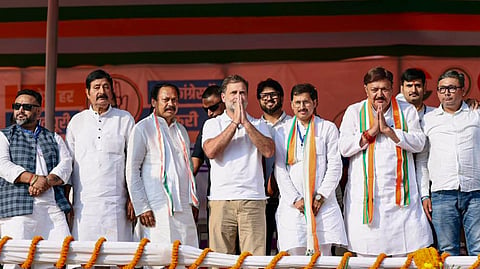 LoP in the Lok Sabha and Congress leader Rahul Gandhi during a public rally for the Bihar Assembly polls, in Bhagalpur, Bihar.