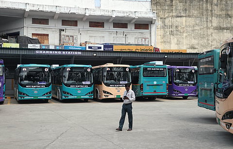 PRTC electric buses halted at the depot amid a strike by Bus drivers on Friday Morning.