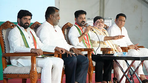Chief Minister A Revanth Reddy speaks during a press meet at Jubilee Hills in Hyderabad on Friday