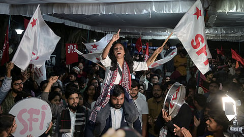 Winning candidates in the JNUSU polls Aditi Mishra ( President, SFI) celebrate after the results on campus in New Delhi on Thursday.