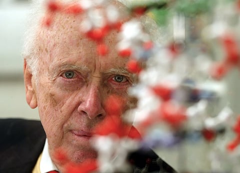 US biologist James Watson, who shared a Nobel prize for helping discover the double-helix shape of the DNA molecule, poses for a portrait at an exhibition in Berlin on Monday, Oct 11, 2004