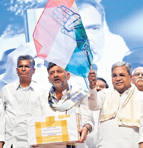 Chief Minister Siddaramaiah, Deputy CM DK Shivakumar and others at a press conference on ‘vote chori’ at KPCC office in Bengaluru on Saturday.