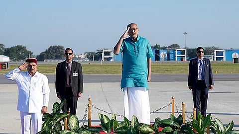 Vice President CP Radhakrishnan being accorded a Guard of Honour upon his arrival at the airport, in Bengaluru. Karnataka Governor Thaawarchand Gehlot is also seen.