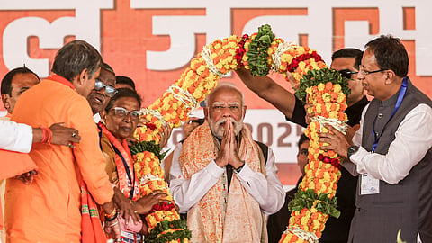 Prime Minister Narendra Modi during a public rally amid the ongoing Bihar Assembly elections, in Bettiah, Bihar.